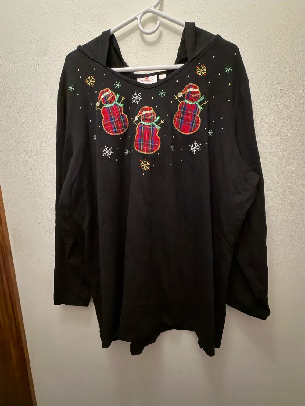 Plaid Snowman Appliqué Black Hooded Sweatshirt